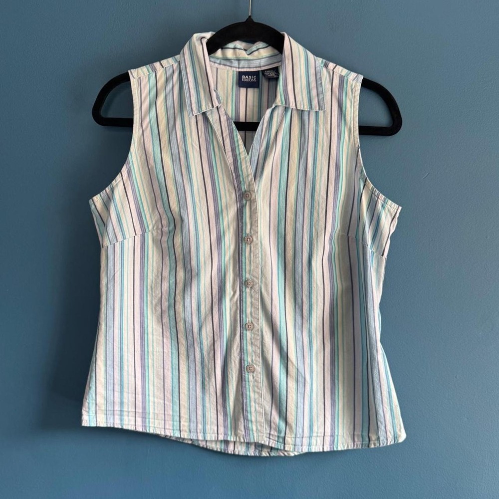 Vintage Blue Striped Tank Top Women's Size Small Basic Editions Cotton Retro